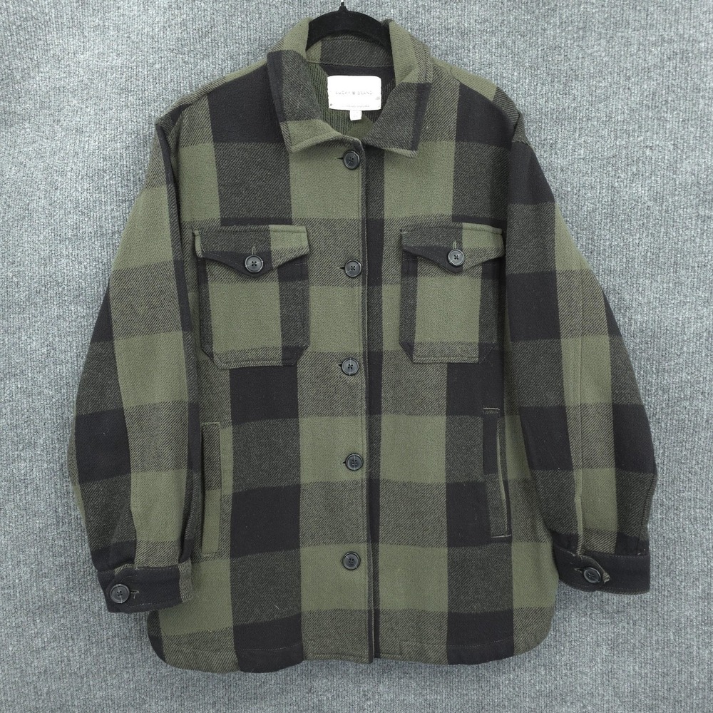 Lucky Brand Jacket Mens Small Green Buffalo Plaid‎ Flannel Puffer Shirt Shacket